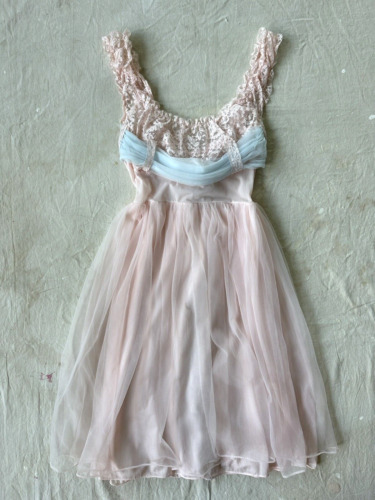Vintage 1960s Pink Nylon Knit Lace Lingerie Sleeveless Slip Dress Nightie