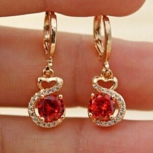 3.2Ct Round Cut Lab-Created Red Ruby Drop Dangle Earrings 14K Yellow Gold Plated