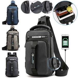 Anti-Theft Men's Sling Crossbody Bag Chest Shoulder Messenger Backpack USB Port