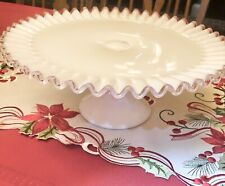 FENTON WHITE MILK GLASS SILVER CREST RUFFLED EDGE FOOTED CAKE STAND 13