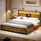 Bed Frame Full Size with Storage Headboard & 4 Drawers LED Metal Platform Brown