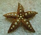 Vintage Gold Tone and Faux Pearl Textured Starfish Brooch Pin 1 7/8 Inches