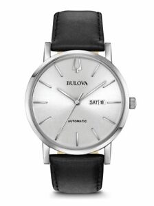 Bulova Automatic Men's Calendar Black Leather Silver Dial Watch 42MM 96C130