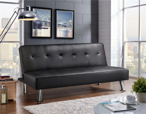 Futon Sofa Bed Convertible Faux Leather Black Living Room Sleeper Loveseat