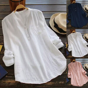 Women V-Neck Long Sleeve T-Shirt Tunic Tops Ladies Casual Cotton Linen Blouse US