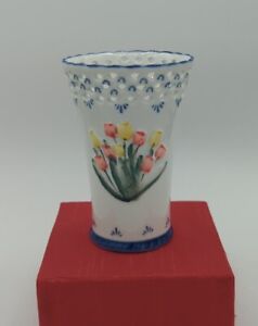 Delft Porcelain Reticulated Vase Dutch Holland Blue White Tulips Hand Painted
