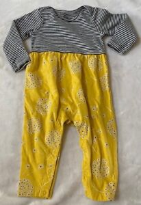 Tea Collection Tossed Dandelion Yellow Flower Navy Stripe Romper Baby Girl 6-9 m