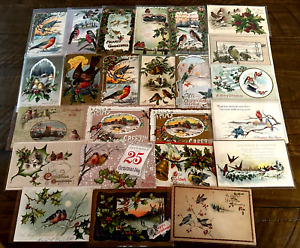 Lot of 25 Antique~CHRISTMAS & NEW YEAR  POSTCARDS with Birds-In Sleeves~h539