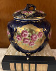 Antique Floral Biscuit Jar Moriage Gilt Florals Cobalt Blue 3 Footed Granny Chic