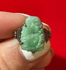 Vintage Chinese Carved Buddha Green Jadeite Jade Sterling Silver Size 3 Ring