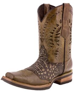 Mens Sand Western Cowboy Boots Crocodile Belly Pattern Square Toe Real Leather