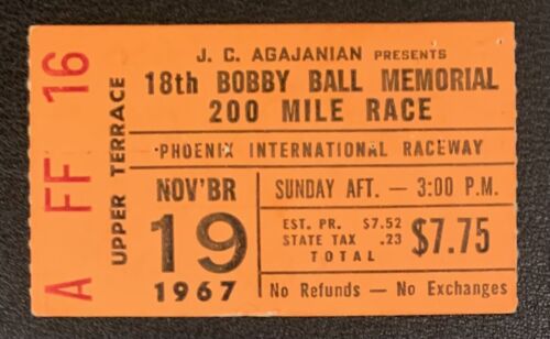 1967 Mario Andretti Wins Bobby Bell Memorial Ticket Stub Phoenix PIR USAC