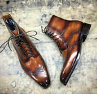 New Handmade Leather Tan/Brown Wingtip Formal Brogue Ankle Dress Boots For Men