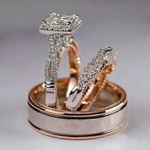 His & Her Trio Ring Set 3Ct Princess Cut Simulated Diamond 14K Rose Gold Plated