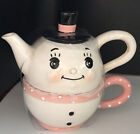 New Still Wrapped ,Johanna Parker's Pink Snowman Tea Pot/Tea Cup Set