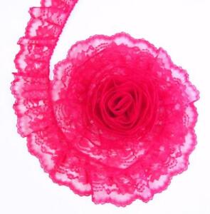 FUCHSIA PINK~3 Inch Wide Ruffled Floral Lace Trim~By 5 Yards
