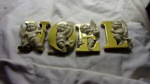 Vintage Christmas Gold Tone NOEL & Cherub  Burwood Wall Plaques Letters USA MADE