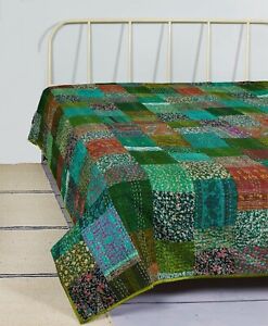 New ListingIndian Handmade Vintage Silk Patchwork Kantha Bedspread Quilt Throw Blanket