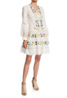 TORY BURCH Boho Embroidered Dress Womens Sz XL Ivory Long Sleeve Tassel Tie Mini