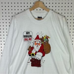 Vintage Christmas Santa Funny Graphic Long Sleeve T Shirt White Rudolph Sz Large