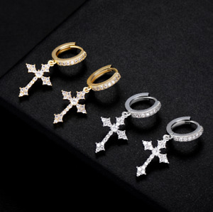 Women Men Silver Gold CZ Dangle Religious Cross Hoop Huggie Earrings 16mm PE37