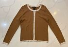 Linda Matthews Womens Sweater Cardigan Medium Brown Cream Trim Dressy Button Up
