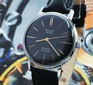 Vintage Watch Poljot De Luxe ULTRA SLIM Black Dial Dress Men's WristWatch USSR