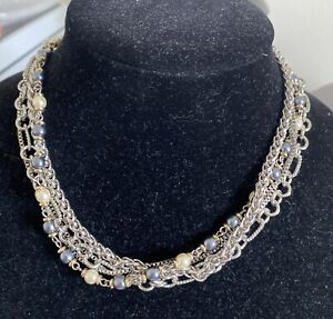 Vintage Silver Tone Multi Chain & Faux Pearl Strand Statement Necklace 15”
