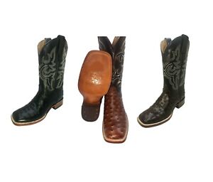 Men's Cowboy Boots Ostrich Print Leather Western Rodeo Square Toe Boots