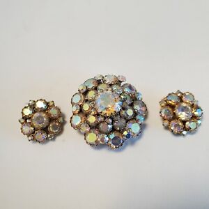 Vintage Brooch and Earrings Aurora Borealis Stones Clip Earrings Multi Prong Set