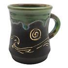 Handmade Signed Pottery Coffee Mug - 10oz Green Black Drip Glaze Ocean Waves