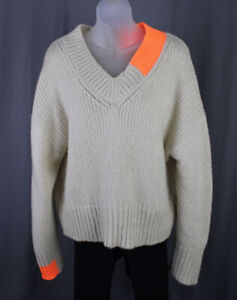 Helmut Lang Women's Beige Orange Accent V Neck Sweater Size S
