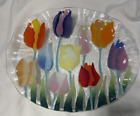 Wm McGrath Fused Art Glass Plate Tulip Flowers Bubbles Fluted Edge Signed 9”Oval