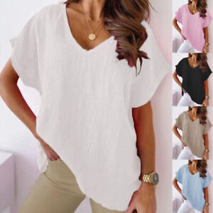 Women T Shirt Blouse Short Sleeve Pullover Tunic Tops V Neck Loose Cotton Summer