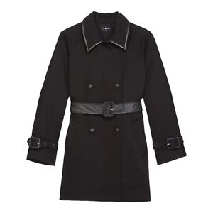 NWT The Kooples Double Breasted Trench Coat Black Cotton Leather Accents Belt 32