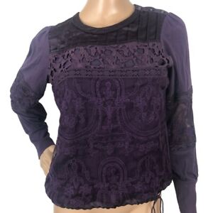 Anthropologie Tiny Boho Embroidered Lace Long Sleeve Top Blouse Purple Size S