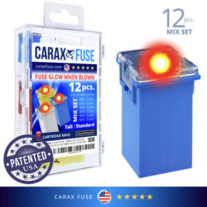 CARAX Glow Fuse - CARTRIDGE Type Tall Standard - Mix Kit 12 pcs. Glow When Blown