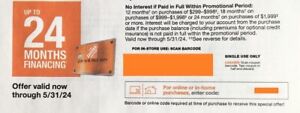 Home Depot Coupon Online Exp. 5/31/24 SUPER FAST DELIVERY 24 Months Financing