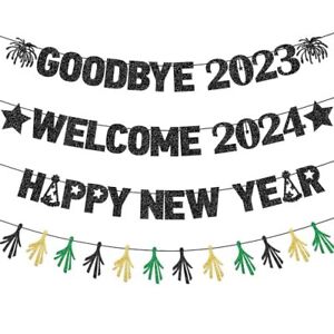 Black Goodbye 2023 Welcome 2024 Happy New Year Banner for Happy New Year Deco...