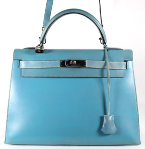 HERMES Blue Jean Box Leather KELLY 32 SELLIER Satchel Bag w/ Strap PHW