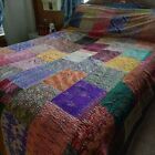 Vintage Patchwork kantha Bedspread Indian Handmade Quilt Throw Silk Boho Blanket
