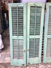 Vtg  1 Pair  Old  Wooden Door Shutters Architectural Green Louvered 47in X 24in