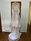 Vintage white satin beige lace embellished wedding gown sz 6 train