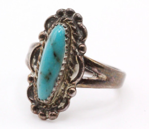 Vintage Sterling Silver Fred Harvey Era Navajo Turquoise Elongated Ring Sz.6