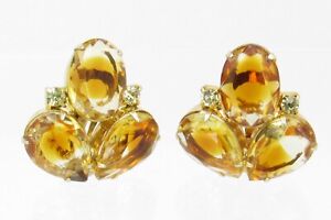Honey Amber Faceted Oval Glass & Jonquil Rhinestone Gold Tone  Clip On Earrings
