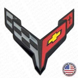 20-24 Chevrolet C8 Corvette Front Bumper Crossed Flags Logo Emblem Gloss Black (For: Chevrolet)