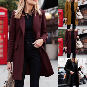 Women Single Breasted Long Jacket Trench Coat Wool Overcoat Warm Outwear Casual