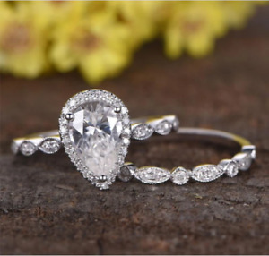 Pear Cut Moissanite Antique Luxury Engagement Ring Set 14k White Gold Over 2 TCW