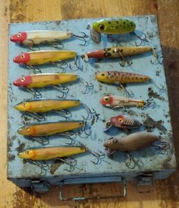 12 Vintage/Antique Fishing Lures With Vintage Metal Blue Storage Box W/Handle