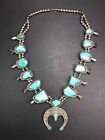 Navajo Turquoise Squash Blossom Necklace Sterling Silver Southwest 190g 26”